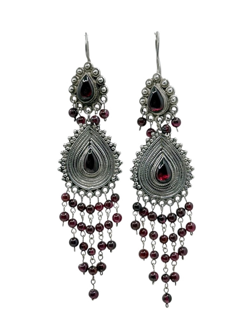 Vintage sterling silver garnet shoulder duster drop earrings - GM329